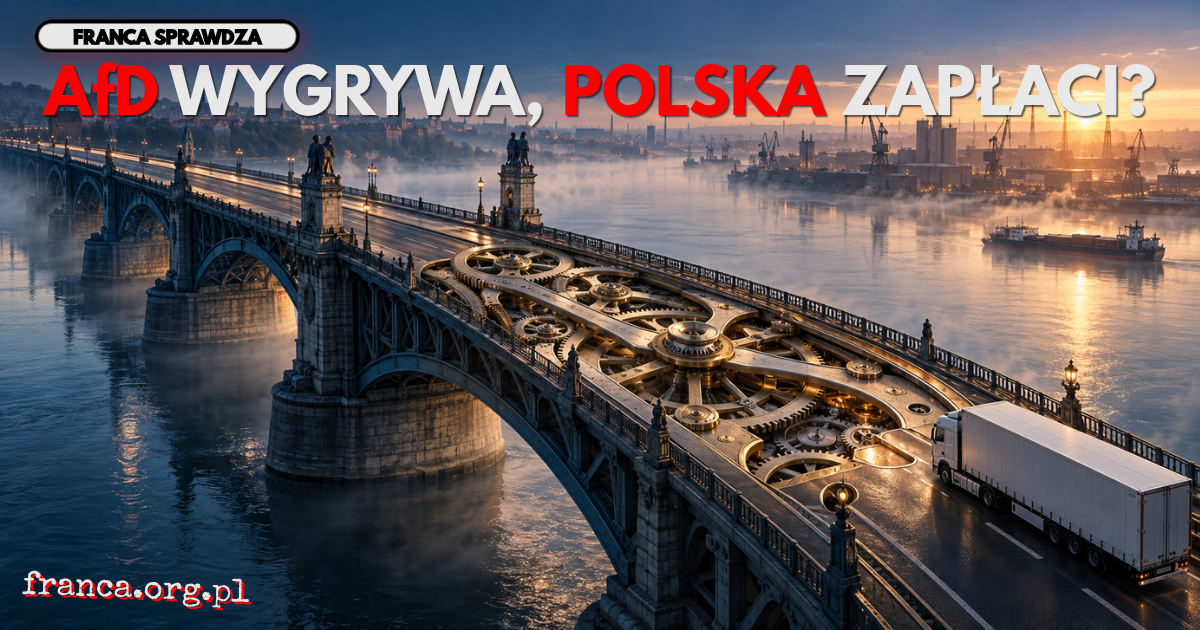 Metaforyczna ilustracja ciężarówki na moście, którego jezdnia przemienia się w wielki mechanizm zegarka nad rzeką.