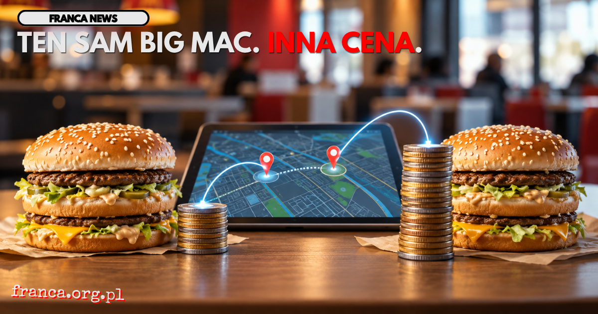 Dwa identyczne burgery na stole restauracyjnym stoją obok stosów monet o różnej wysokości. Między nimi znajduje się urządzenie z mapą i dwoma pobliskimi punktami restauracji, połączonymi subtelnymi liniami danych z różnymi poziomami ceny.