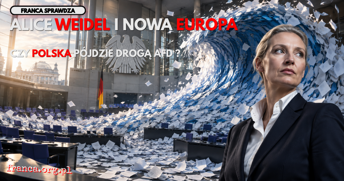 Redakcyjny portret Alice Weidel w monumentalnym wnętrzu parlamentarnym, za którą setki kart wyborczych unoszą się z posadzki w ogromną symboliczną falę.