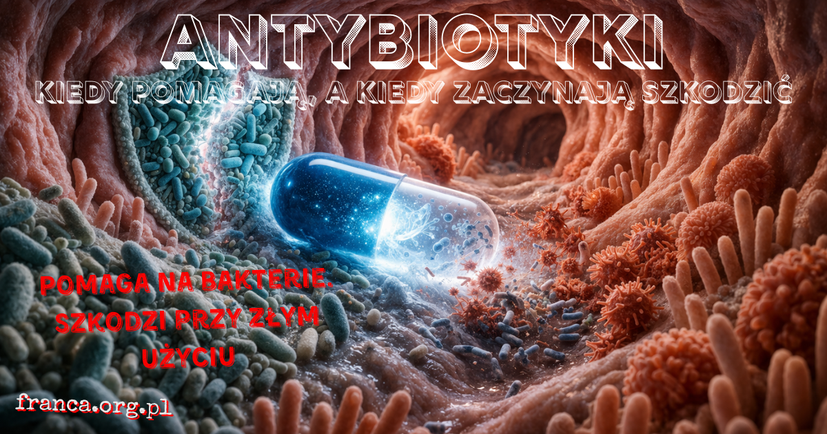 Fotorealistyczna scena na styku laboratorium i szpitalnego korytarza: kapsułka antybiotyku świeci nad bakteryjną kolonią, a cień kapsułki układa się w pękający zegar; klimat naukowego reportażu bez tekstu.