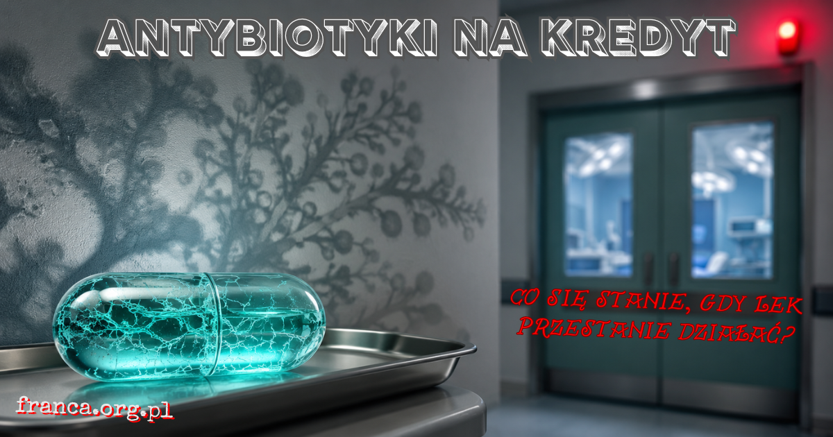 Pęknięta kapsułka antybiotyku na metalowej tacy rzuca niemożliwy cień rozrastającej się kolonii bakterii w kierunku drzwi sali operacyjnej.
