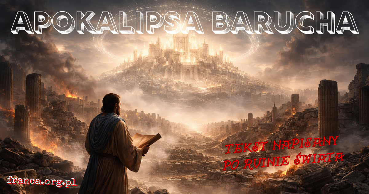 Pozioma ilustracja ruin Jerozolimy o świcie, z samotną postacią pisarza na pierwszym planie i półprzezroczystą niebiańską świątynią unoszącą się nad horyzontem.