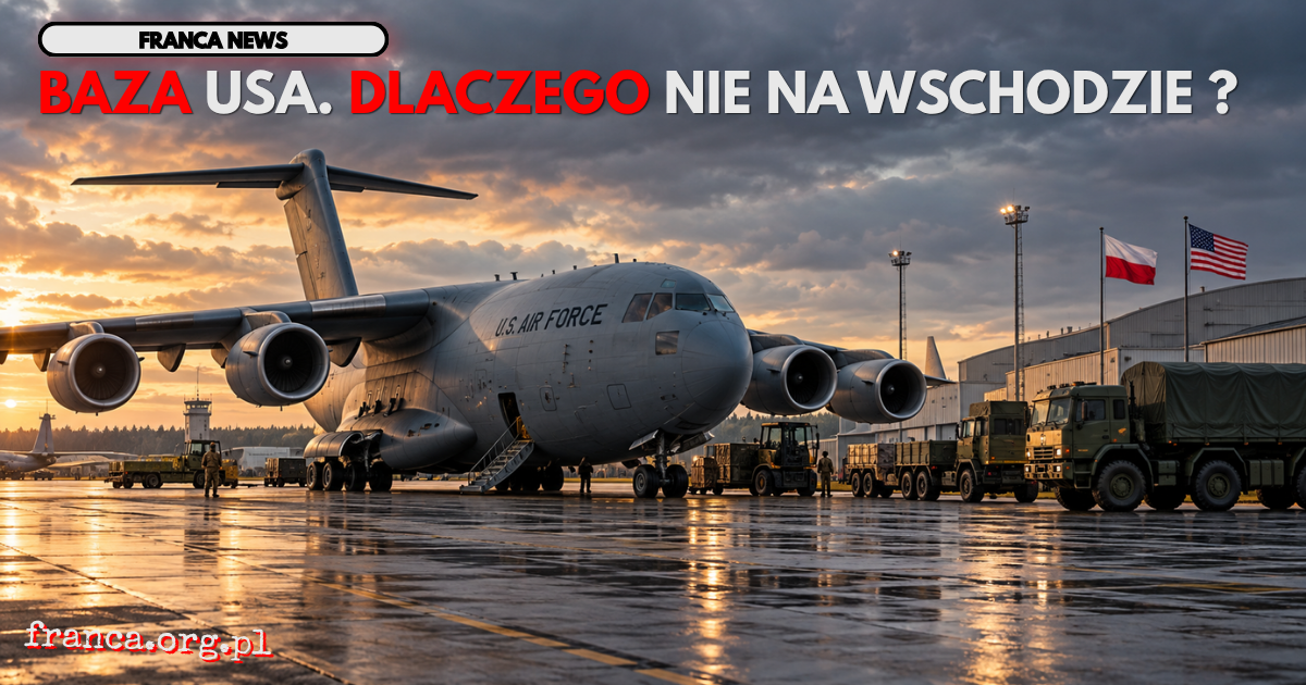 Realistyczna ilustracja redakcyjna przedstawiająca amerykański wojskowy samolot transportowy na płycie lotniska w Polsce. W tle znajdują się pojazdy logistyczne, hangary oraz flagi Polski i Stanów Zjednoczonych. Obraz symbolizuje znaczenie infrastruktury