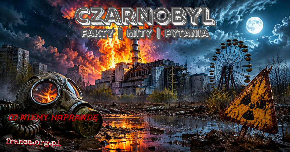 Surrealistyczna ilustracja o katastrofie w Czarnobylu: pojedynczy symbol reaktora, opuszczona przestrzeń i zielono-bursztynowe światło pokazujące niewidzialne skutki awarii.