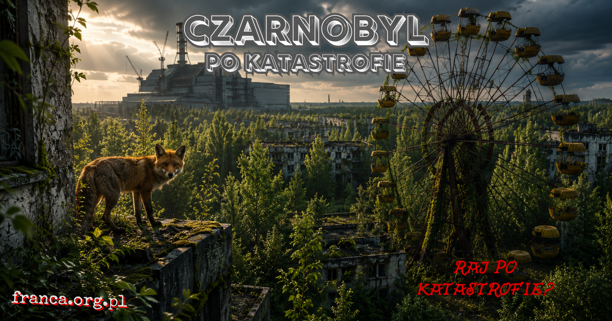 Odradzająca się przyroda w opuszczonej strefie Czarnobyla, pokazana jako jednocześnie dziki rezerwat i skażone laboratorium natury.
