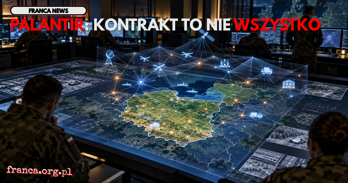Ilustracja redakcyjna przedstawiająca centrum dowodzenia z cyfrową mapą Polski i Litwy, nad którą warstwa sieci danych łączy informacje z radarów, dronów, logistyki i systemów dowodzenia.