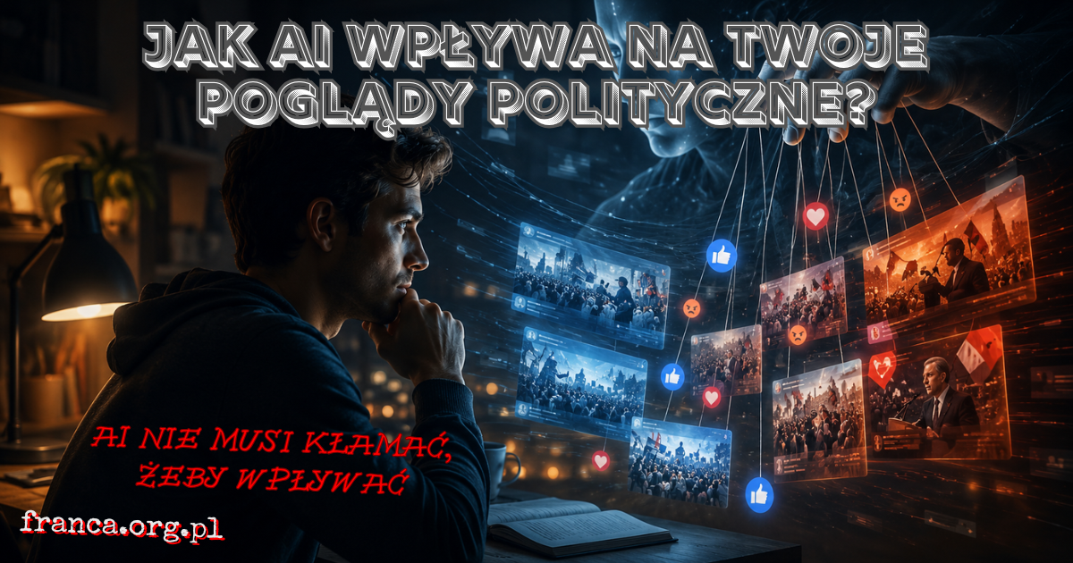 Surrealistyczna scena z człowiekiem rozmawiającym z AI, którego światło delikatnie odchyla igłę politycznego kompasu.