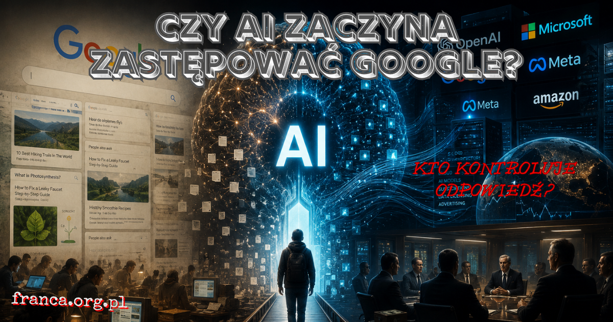 Surrealistyczna ilustracja przedstawiająca wyszukiwarkę jako stary portal i AI jako świecący filtr, przez który przepływają dane, reklamy i decyzje użytkownika.