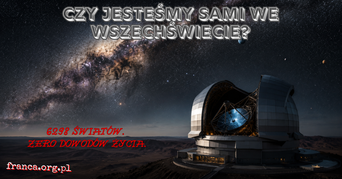 Wielki teleskop obserwacyjny skierowany ku rozgwieżdżonemu niebu, na którym widoczne są odległe planety przypominające możliwe światy pozasłoneczne.