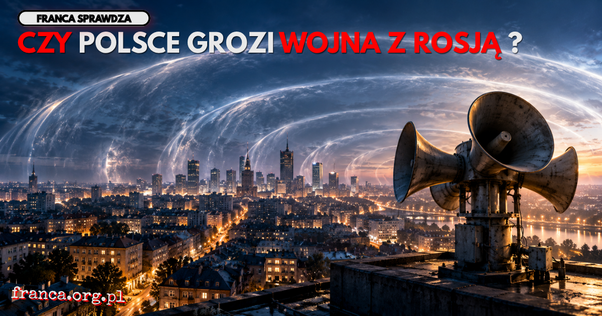 Nocna panorama polskiego miasta z syreną alarmową na dachu, od której nad zabudową rozchodzi się monumentalna półprzezroczysta fala zakrzywiająca światło.