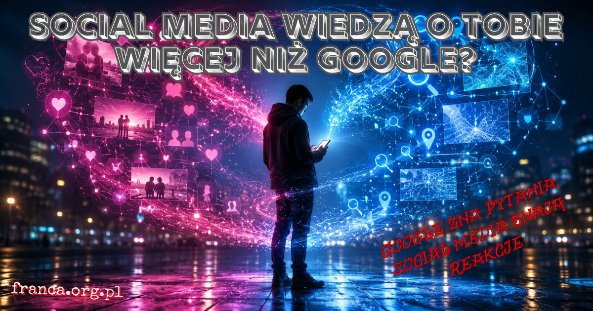 Surrealistyczna ilustracja pokazująca osobę z telefonem między dwoma cyfrowymi strumieniami danych: chłodnym strumieniem wyszukiwań i lokalizacji oraz intensywnym strumieniem reakcji, relacji i emocji.