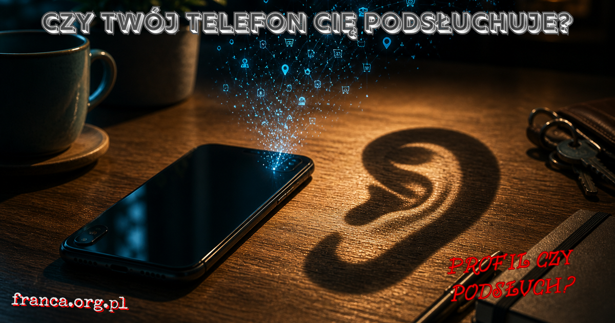 Smartfon na stole rzuca cień przypominający ucho, a obok niego widać delikatną sieć punktów symbolizującą ślady cyfrowe.