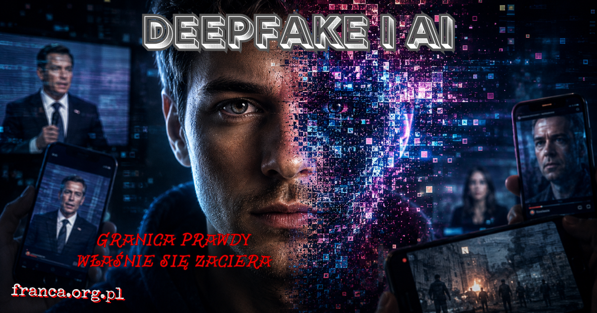 Realistyczna twarz człowieka przechodząca w cyfrowy glitch i neonowe piksele symbolizujące deepfake AI.