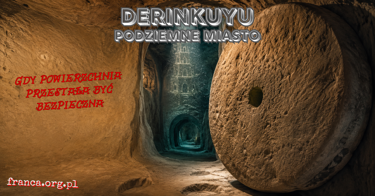 Wnętrze wykutego w skale podziemnego miasta Derinkuyu z masywnymi kamiennymi wrotami, wąskim tunelem i szybem prowadzącym ku powierzchni.
