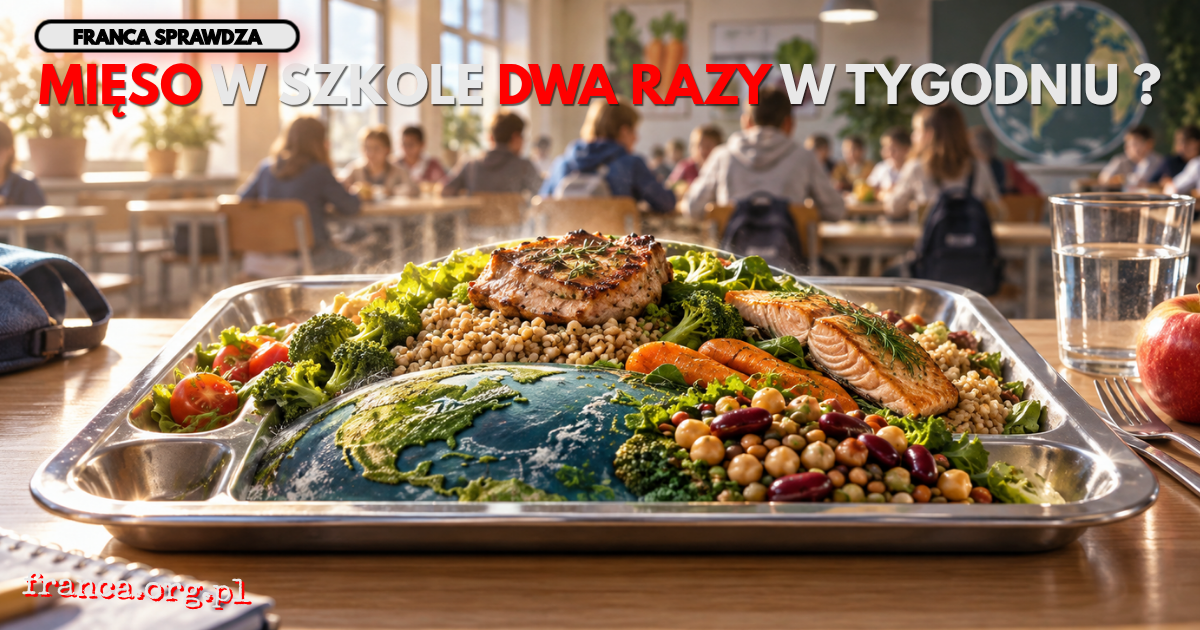 Szkolna taca obiadowa w jasnej stołówce wygina się surrealistycznie jak horyzont planety, a na jej powierzchni znajdują się różne grupy produktów.