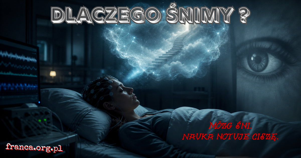 Surrealistyczna ilustracja laboratorium snu, w którym nad śpiącą osobą unosi się świetlista, półprzezroczysta forma przypominająca mapę marzeń sennych.