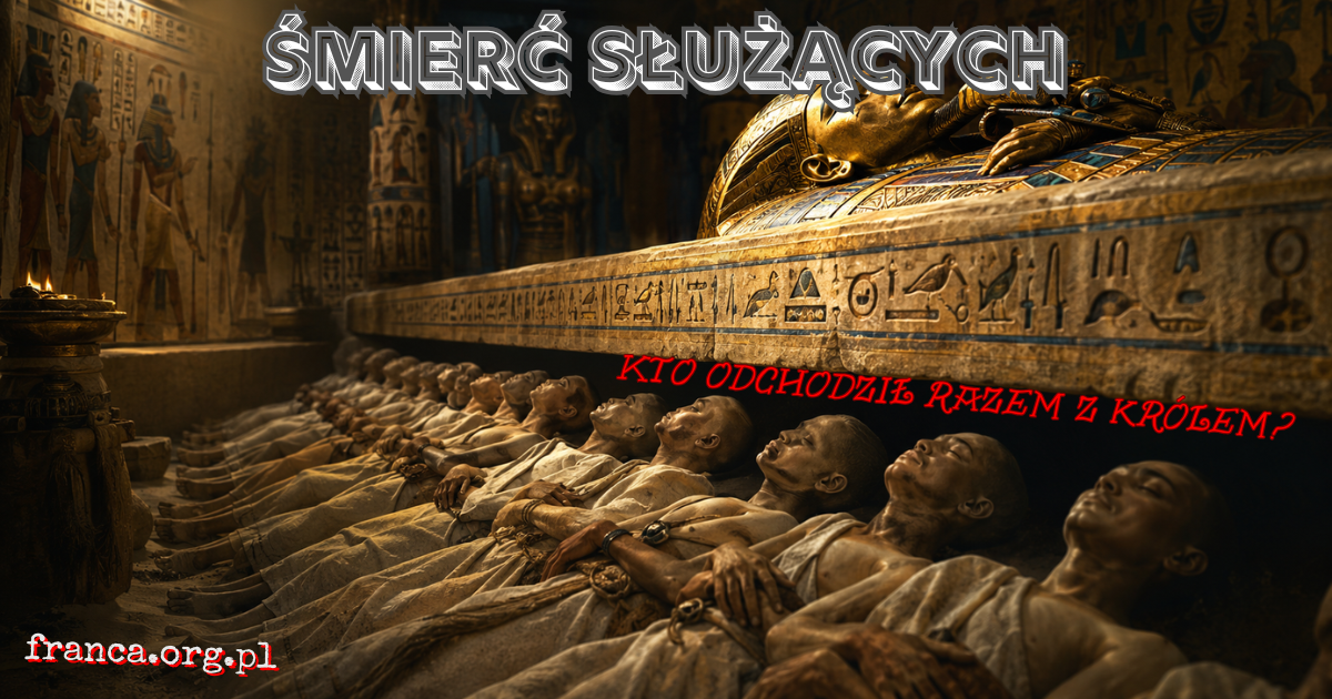 Królewski grobowiec z cegły mułowej w Abydos, otoczony rzędami małych pochówków, których cienie tworzą procesję zmierzającą ku wejściu.