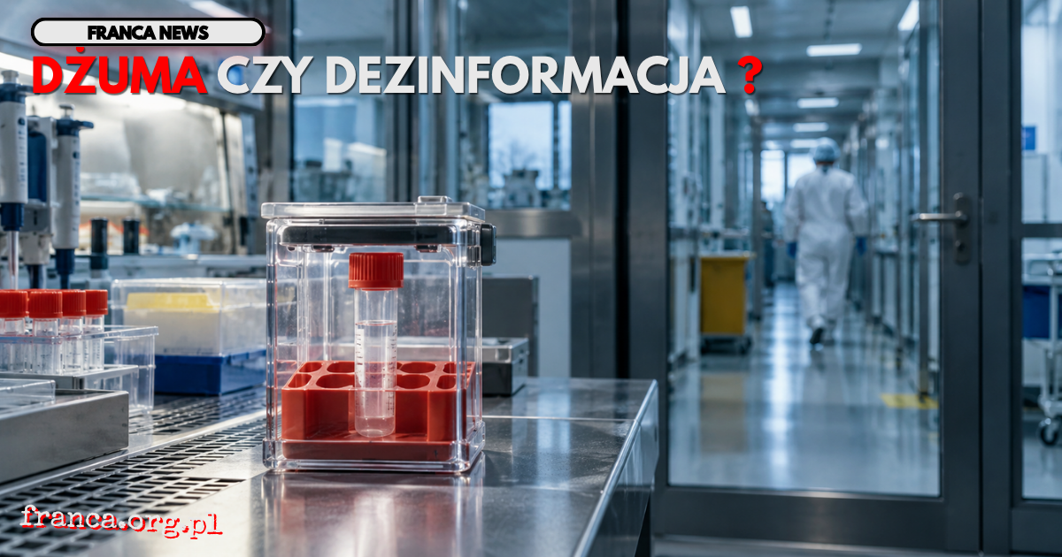 Redakcyjna rekonstrukcja sterylnego laboratorium chorób zakaźnych z zamkniętą próbką na pierwszym planie i pustym korytarzem izolacyjnym w tle, symbolizująca niepewność wokół doniesień o możliwym przypadku dżumy pod Irkuckiem.