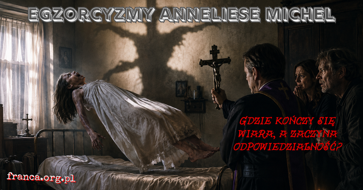 Symboliczne przedstawienie konfliktu między egzorcyzmem a medycyną w sprawie Anneliese Michel, bez realistycznego odtwarzania cierpienia.