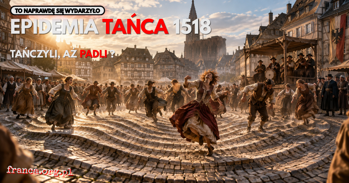 Historyczna rekonstrukcja rynku Strasburga z 1518 roku, na którym grupa ludzi tańczy, podczas gdy kamienna nawierzchnia surrealistycznie faluje pod ich stopami.