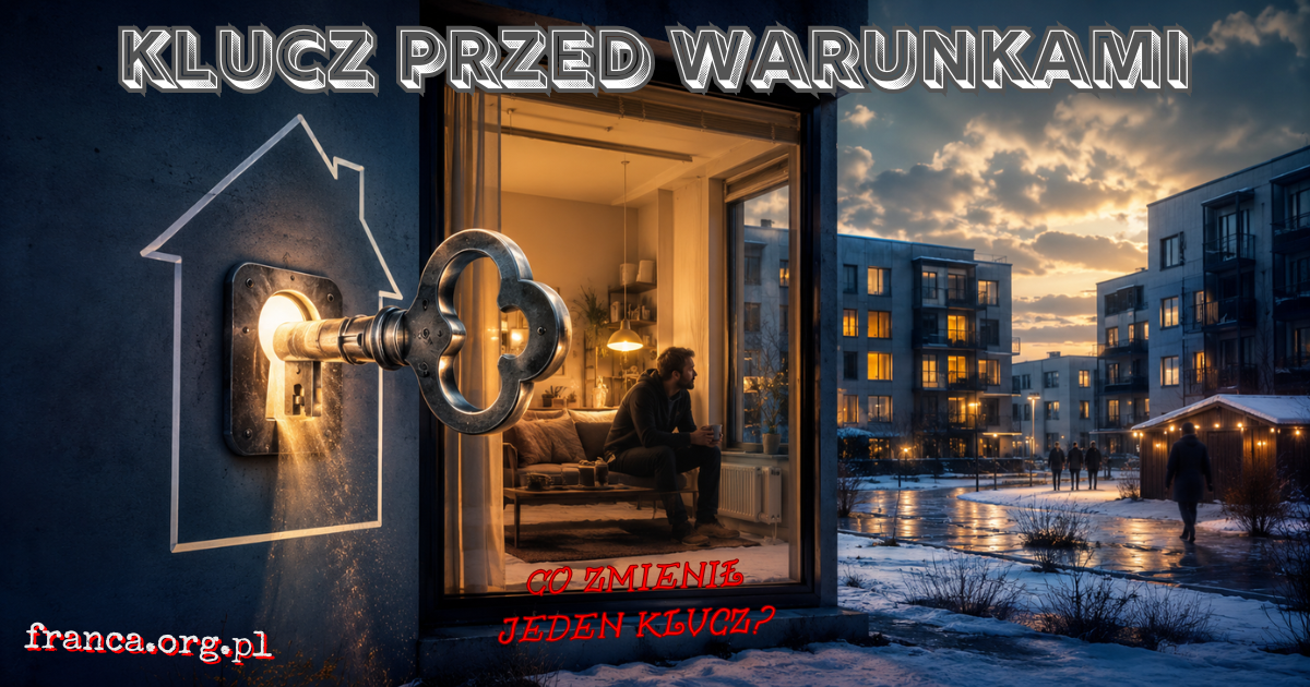 Klucz leży na oblodzonym chodniku przed otwartym wejściem do skromnego mieszkania, a jego niemożliwy cień przybiera kształt dachu.