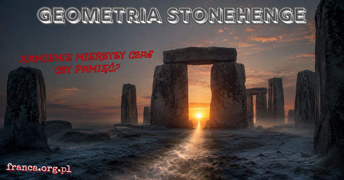 Stonehenge podczas zimowego przesilenia, z zachodzącym Słońcem widocznym w osi kamiennej konstrukcji i symboliczną smugą popiołu unoszącą się nad ziemią.