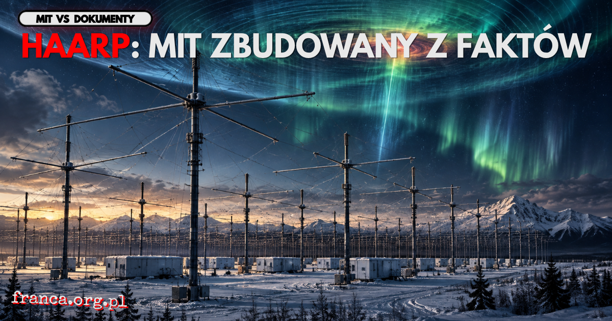 Rozległe pole anten HAARP na Alasce widziane z góry, nad którym wysoko ponad zwykłymi chmurami subtelnie deformuje się świetlista warstwa jonosfery.