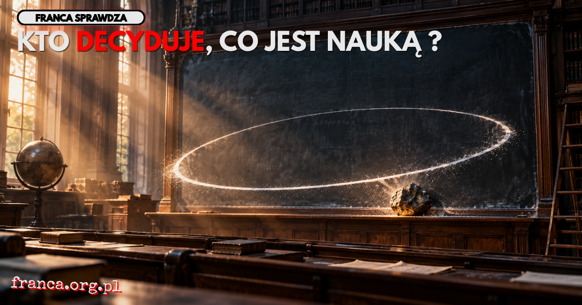 Pusta aula uniwersytecka z monumentalną tablicą, z której narysowany kredą krąg granicy wiedzy wychodzi w trójwymiarową przestrzeń i rozszerza się wokół nieznanego obiektu.