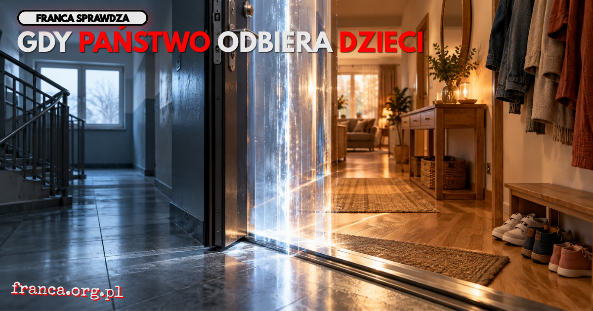 Realistyczny próg rodzinnego mieszkania przecięty monumentalną półprzezroczystą granicą światła symbolizującą miejsce, w którym kończy się prywatność rodziny, a zaczyna interwencja państwa.