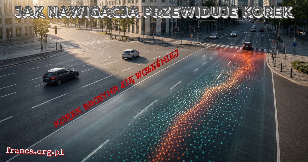Niemal puste miejskie skrzyżowanie z fragmentem przezroczystej jezdni, pod którą anonimowe punkty danych zagęszczają się w falę zapowiadającą rozwój korka
