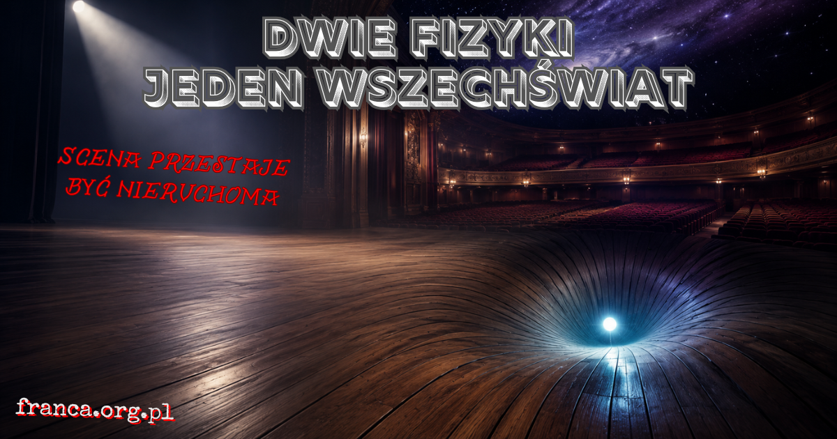 Pusta sala teatralna przechodzi w zakrzywioną kosmiczną czasoprzestrzeń, której podłoga faluje wokół pojedynczego świetlistego punktu.