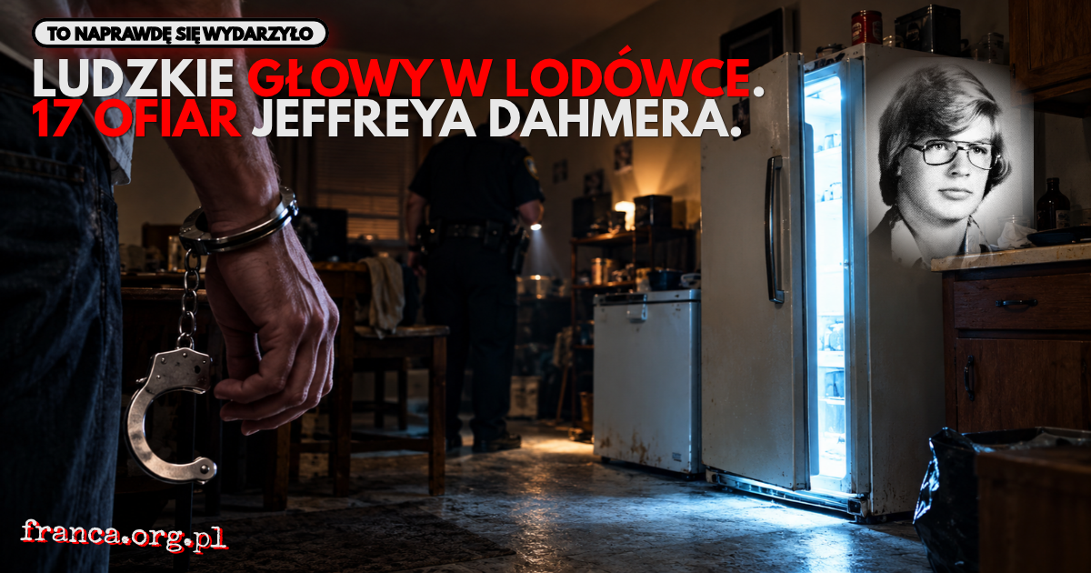 Ilustracja redakcyjna przedstawiająca rekonstrukcję wnętrza mieszkania Jeffreya Dahmera w Milwaukee w 1991 roku. Po prawej stronie znajduje się uchylona lodówka, z której wydobywa się zimne światło. Na pierwszym planie widoczna jest ręka mężczyzny z kajda
