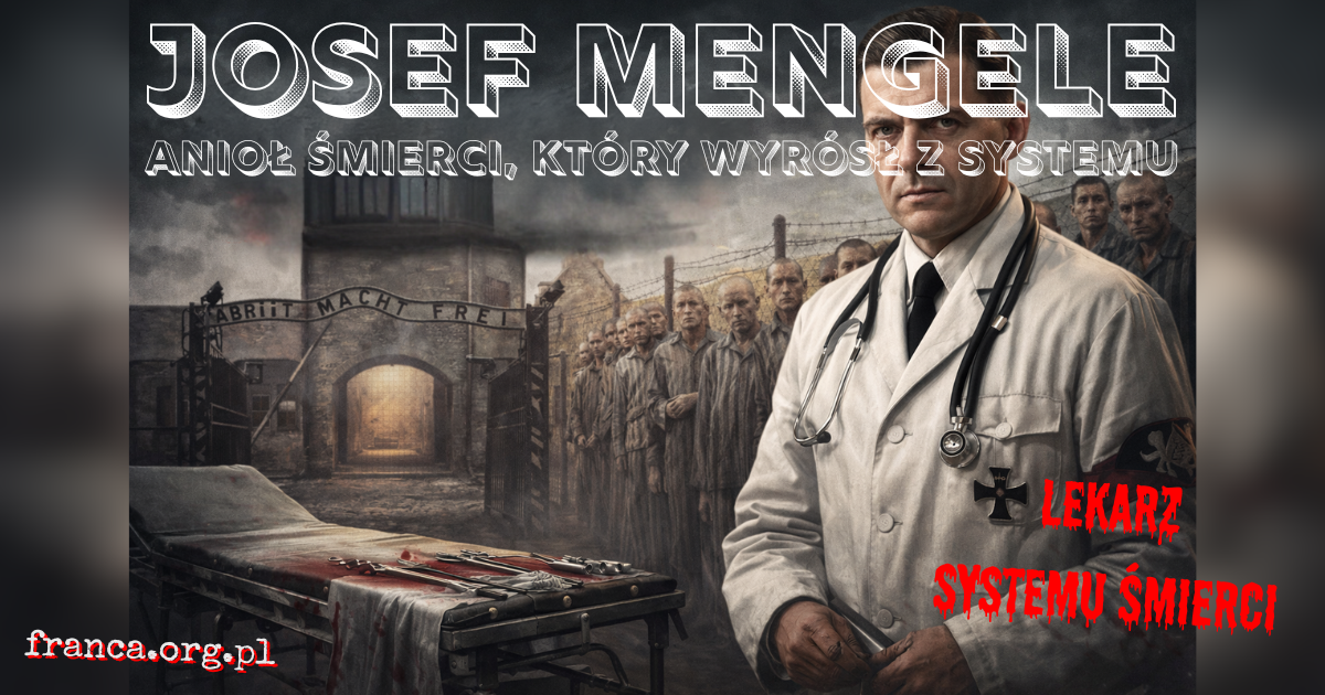 Opuszczona rampa w Birkenau o świcie, na pierwszym planie biały fartuch lekarski bez człowieka, a cień na żwirze tworzy kształt selekcyjnego gestu i helisy DNA.