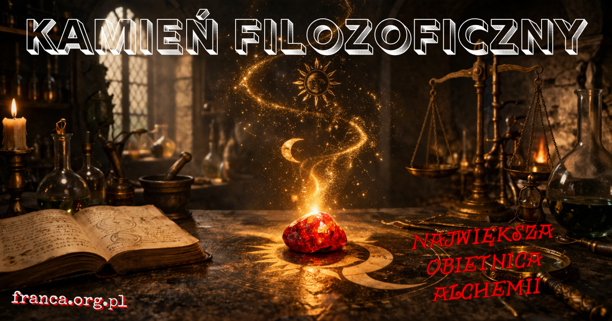 Surrealistyczno-realistyczna ilustracja pokazująca kamień filozoficzny jako granicę między laboratorium, złotem i ludzkim pragnieniem nieśmiertelności.