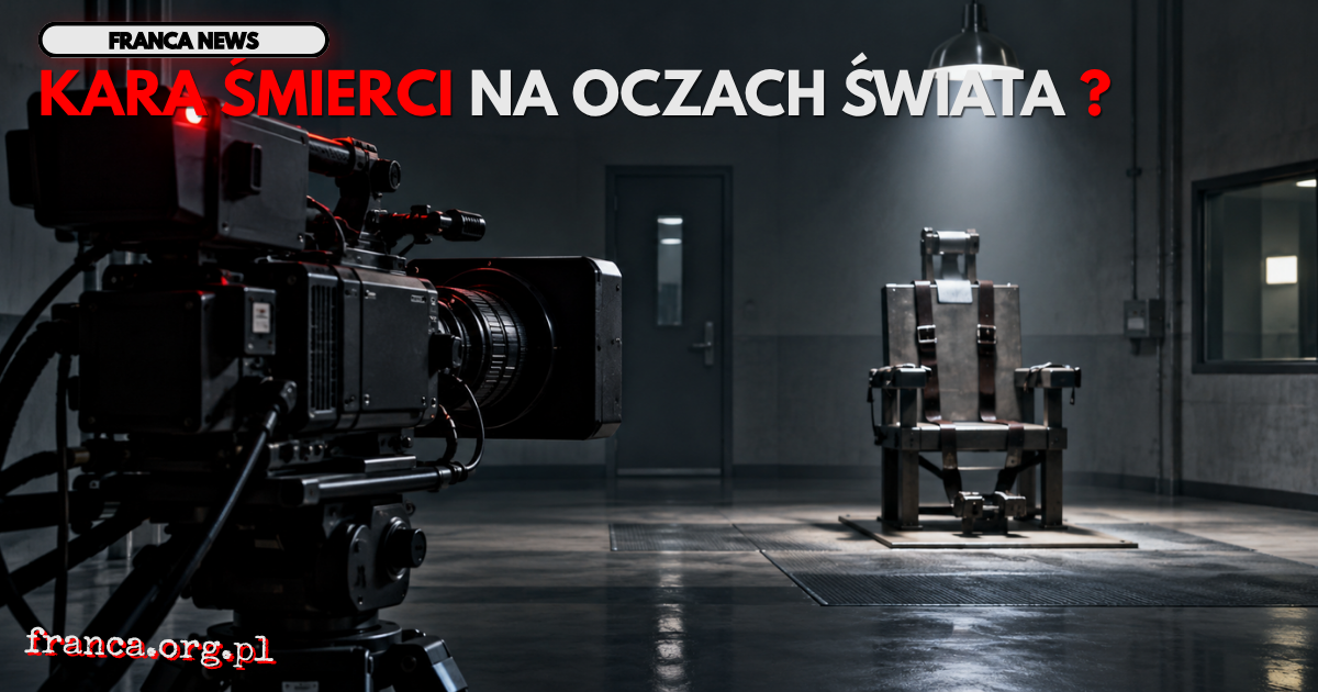 Realistyczna ilustracja redakcyjna przedstawiająca kamerę telewizyjną skierowaną na pusty fotel w surowej, słabo oświetlonej sali. Czerwone światło kamery symbolizuje możliwość transmisji egzekucji na żywo. Obraz nawiązuje do debaty o publicznym pokazywan
