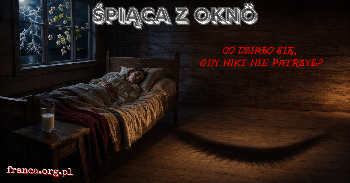 Młoda kobieta leży w łóżku w nocnym wnętrzu dawnej chaty na Oknö, a zimne światło księżyca i długi cień symbolizują mijające dekady.