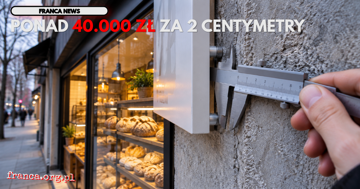 Ilustracja redakcyjna przedstawiająca szyld niewielkiej piekarni, odsunięty od elewacji budynku o około dwa centymetry. Metalowa suwmiarka mierzy szczelinę między szyldem a ścianą. W tle widoczna jest przeszklona witryna z pieczywem. Obraz nawiązuje do sp