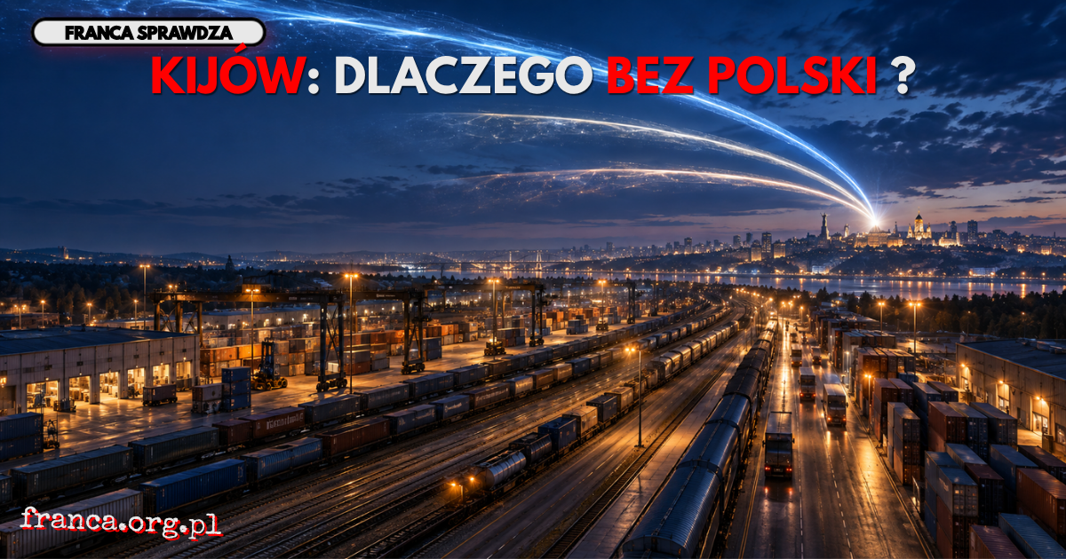 Panoramiczna metafora Europy Środkowej z trzema świetlistymi drogami dyplomatycznymi zbiegającymi się nad Kijowem oraz rozbudowaną siecią logistyczną prowadzącą przez Polskę.