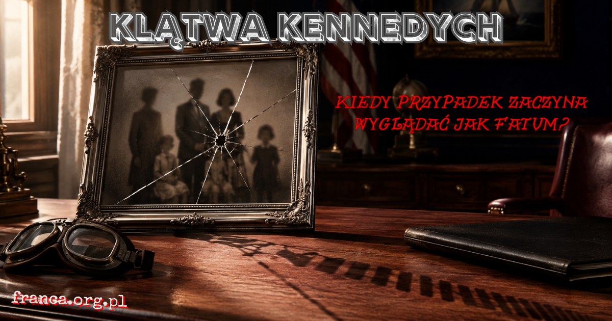 Pęknięty portret dużej, nierozpoznawalnej rodziny w srebrnej ramie stoi na mahoniowym biurku, a jego cień układa się w przewracające kostki domina.