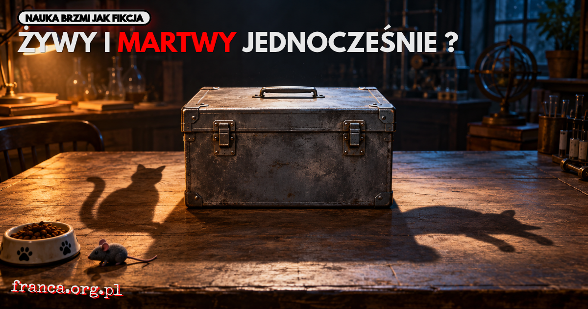 Zamknięte stalowe pudełko na drewnianym stole laboratoryjnym. Od pudełka odchodzą dwa symboliczne cienie kota - jeden przedstawia zwierzę siedzące z uniesionym ogonem, drugi nieruchomo leżące. Obok znajduje się mała miseczka z karmą i zabawkowa mysz. Ilus