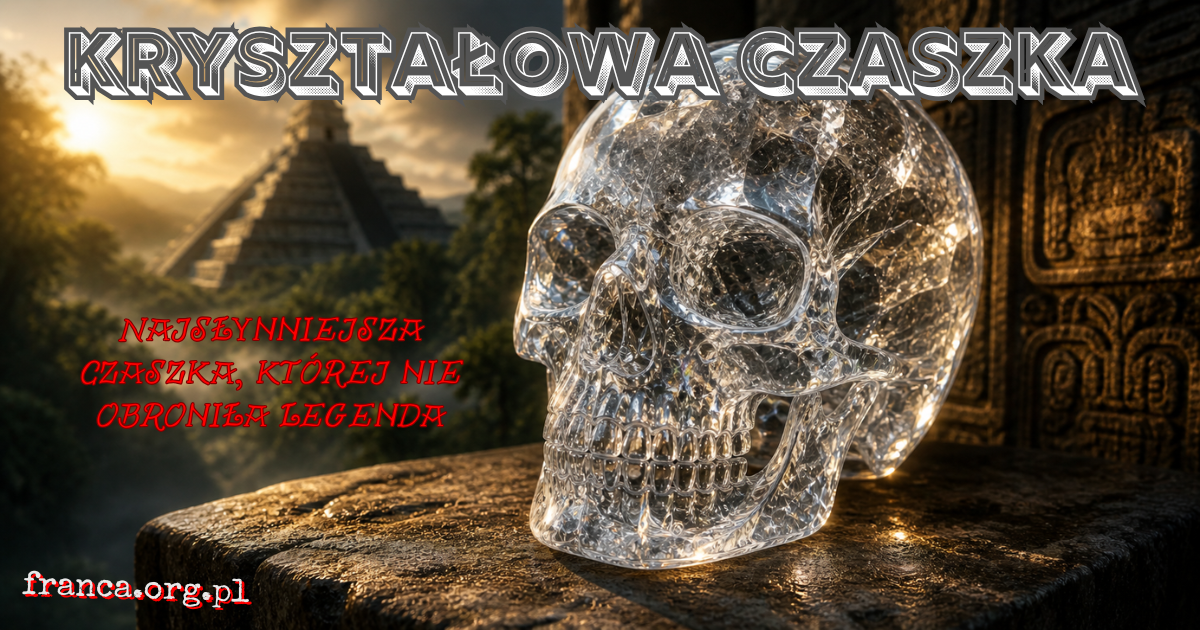 Kryształowa czaszka w półmroku, oświetlona jak obiekt muzealnego śledztwa, z subtelnym odbiciem przypominającym pękniętą mapę.