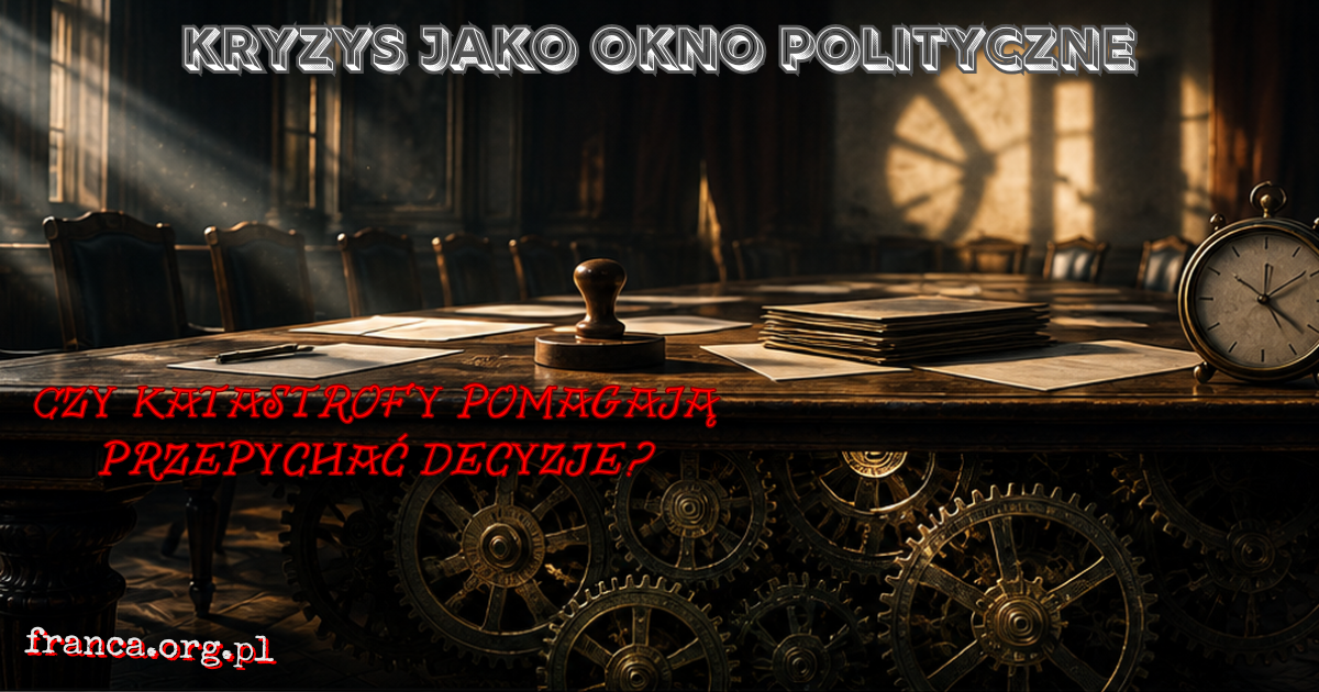 Surrealistyczna ilustracja stołu decyzyjnego z dokumentami, zegarem i uchylonym oknem, przez które wpada ostre światło na ukryty mechanizm pod blatem.