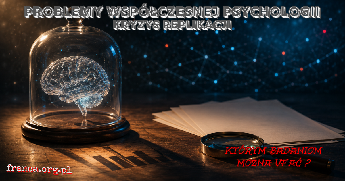 Surrealistyczna ilustracja przedstawiająca psychologię jako badanie pod mikroskopem, z mózgiem, wykresami i pękającym lustrem symbolizującym kryzys replikacji.