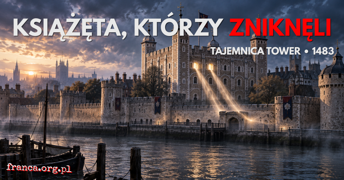 Monumentalna Tower of London o świcie, z dwoma świetlistymi ścieżkami wydobywającymi się z White Tower i niemożliwie urywającymi przed bramą twierdzy.