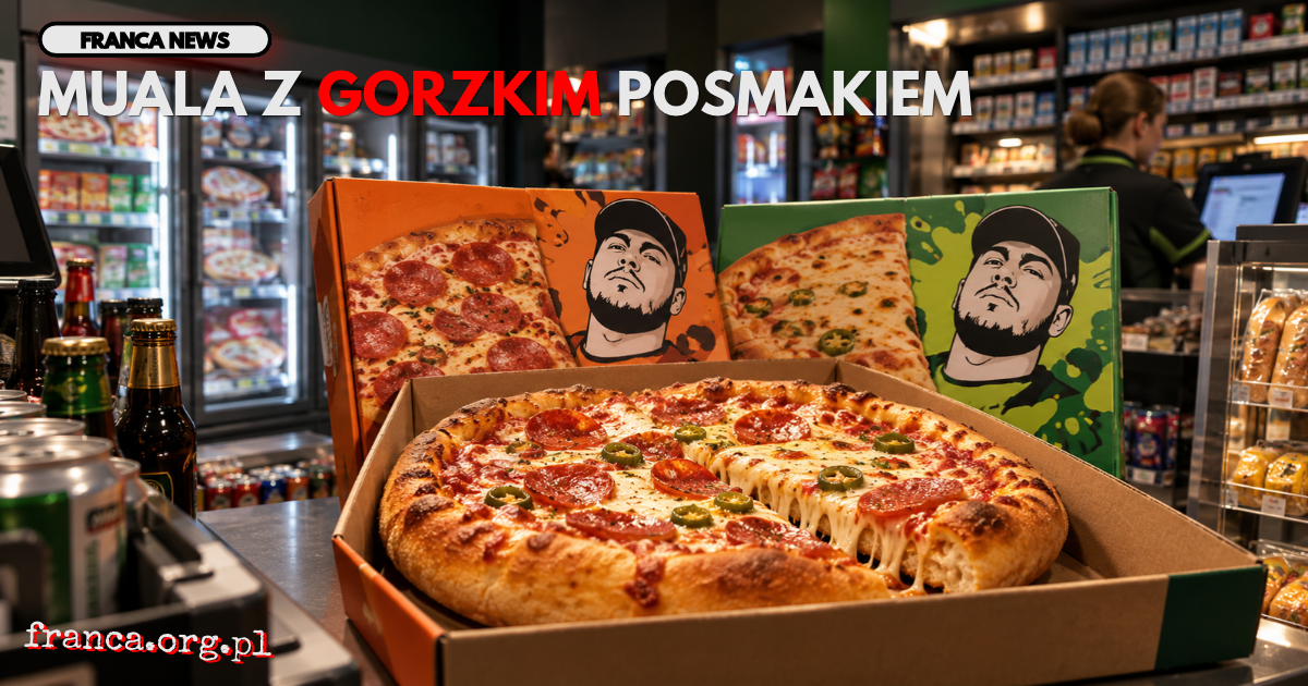 Ilustracja redakcyjna przedstawiająca pizzę na grubym cieście i opakowania inspirowane MUALA Książula na ladzie sklepu typu Żabka. W tle widoczne są półki sklepowe, zamrażarka i sprzedawca. Kompozycja nawiązuje do współpracy youtubera z siecią handlową.