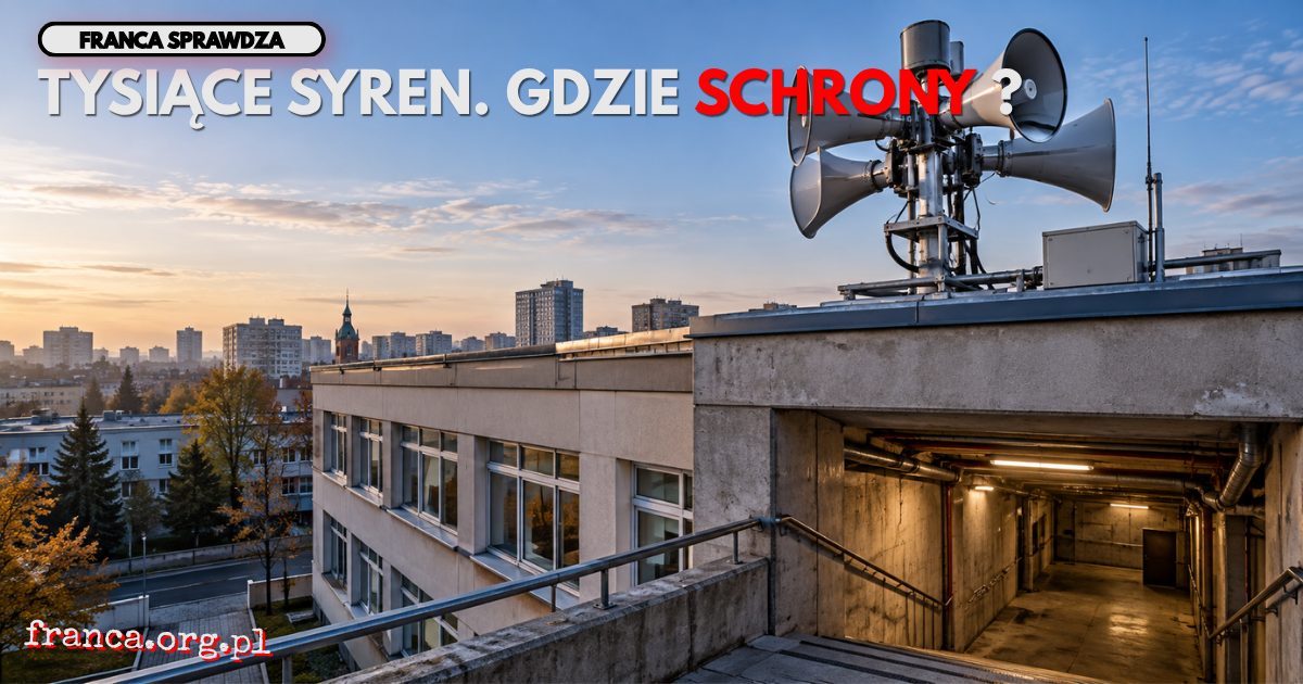 Nowoczesna cyfrowa syrena alarmowa na dachu współczesnego budynku, poniżej którego betonowe schody prowadzą do surowej przestrzeni podziemnej - redakcyjna metafora różnicy między rozbudowanym systemem ostrzegania a wciąż rozwijaną infrastrukturą schronien