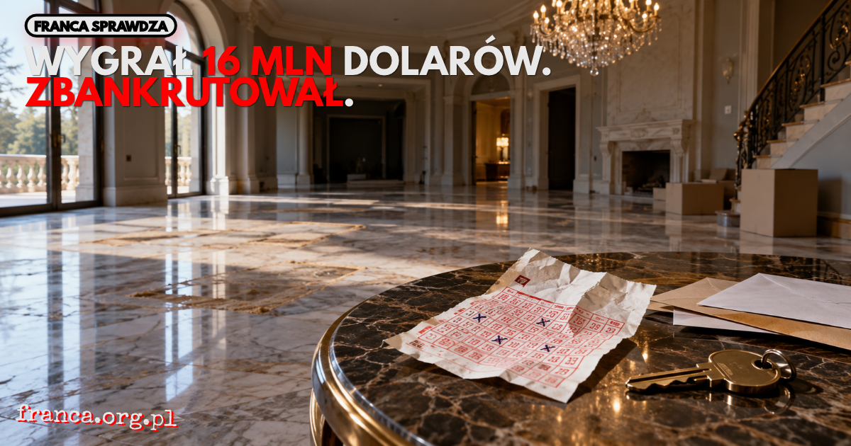 Fotorealistyczna ilustracja redakcyjna przedstawiająca pusty salon dawnej luksusowej rezydencji. Na marmurowym stoliku leżą zmięty kupon loteryjny, klucz i koperty. Obraz symbolizuje utratę wielkiej fortuny po wygranej na loterii.