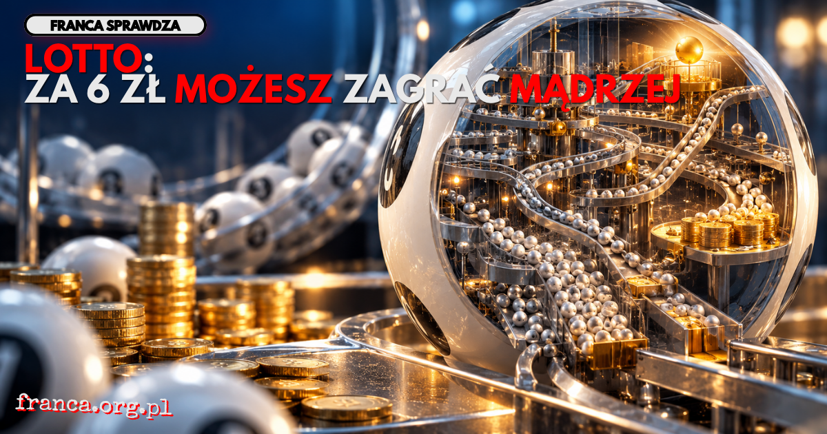 Przezroczysta kula loteryjna odsłania w swoim wnętrzu monumentalny mechanizm tysięcy torów symbolizujących różne prawdopodobieństwa wygranej.