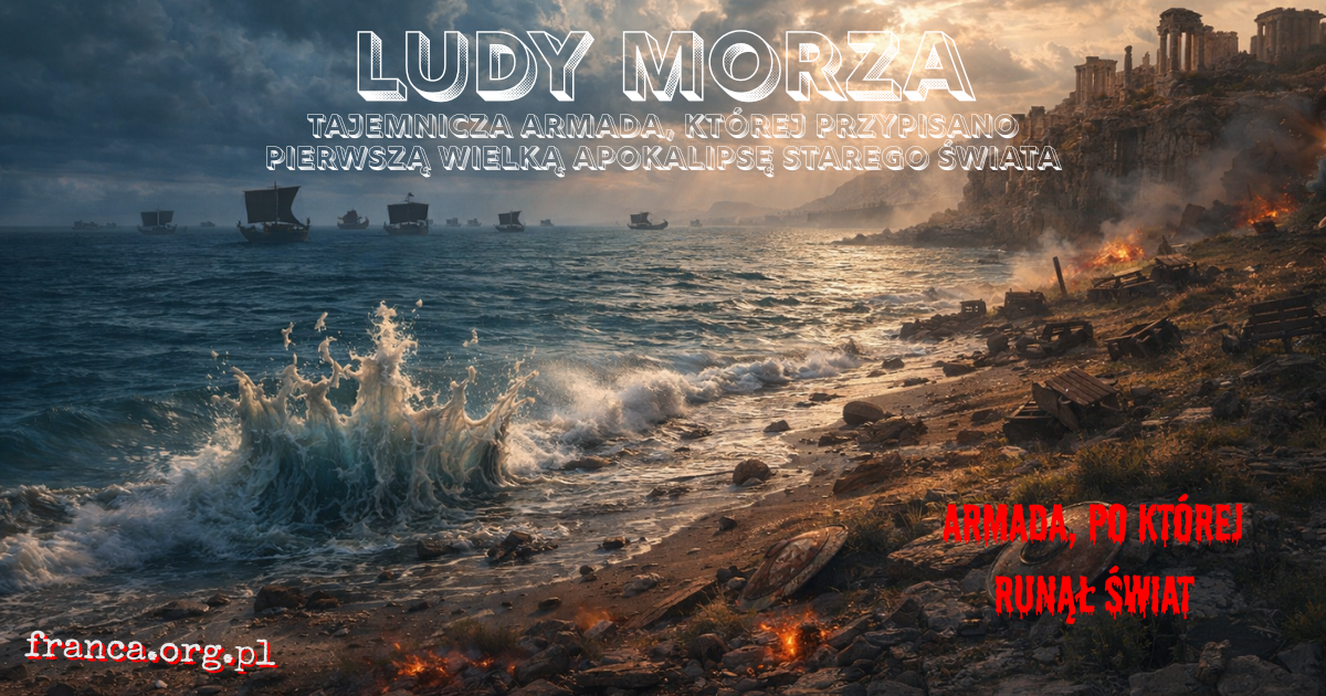 Filmowa, fotorealistyczna scena końca epoki brązu: płonący port, okręty o ciemnych żaglach, rozrzucone gliniane tabliczki i złamane kolumny, z niemożliwym cieniem statku układającym się w pękniętą mapę Morza Śródziemnego.