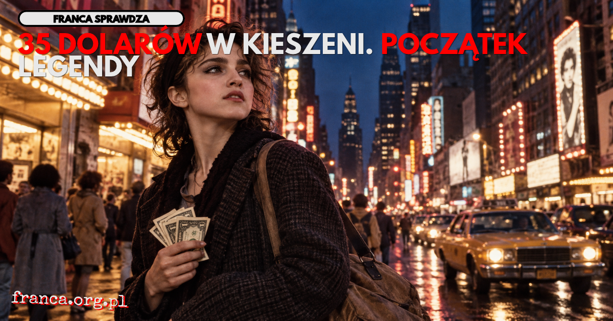 Redakcyjna ilustracja przedstawiająca młodą Madonnę z ciemnymi włosami na nowojorskim Times Square pod koniec lat 70. Artystka ma przy sobie torbę podróżną i kilka dolarowych banknotów. W tle widoczne są stare neony, żółta taksówka i zabudowa Manhattanu.